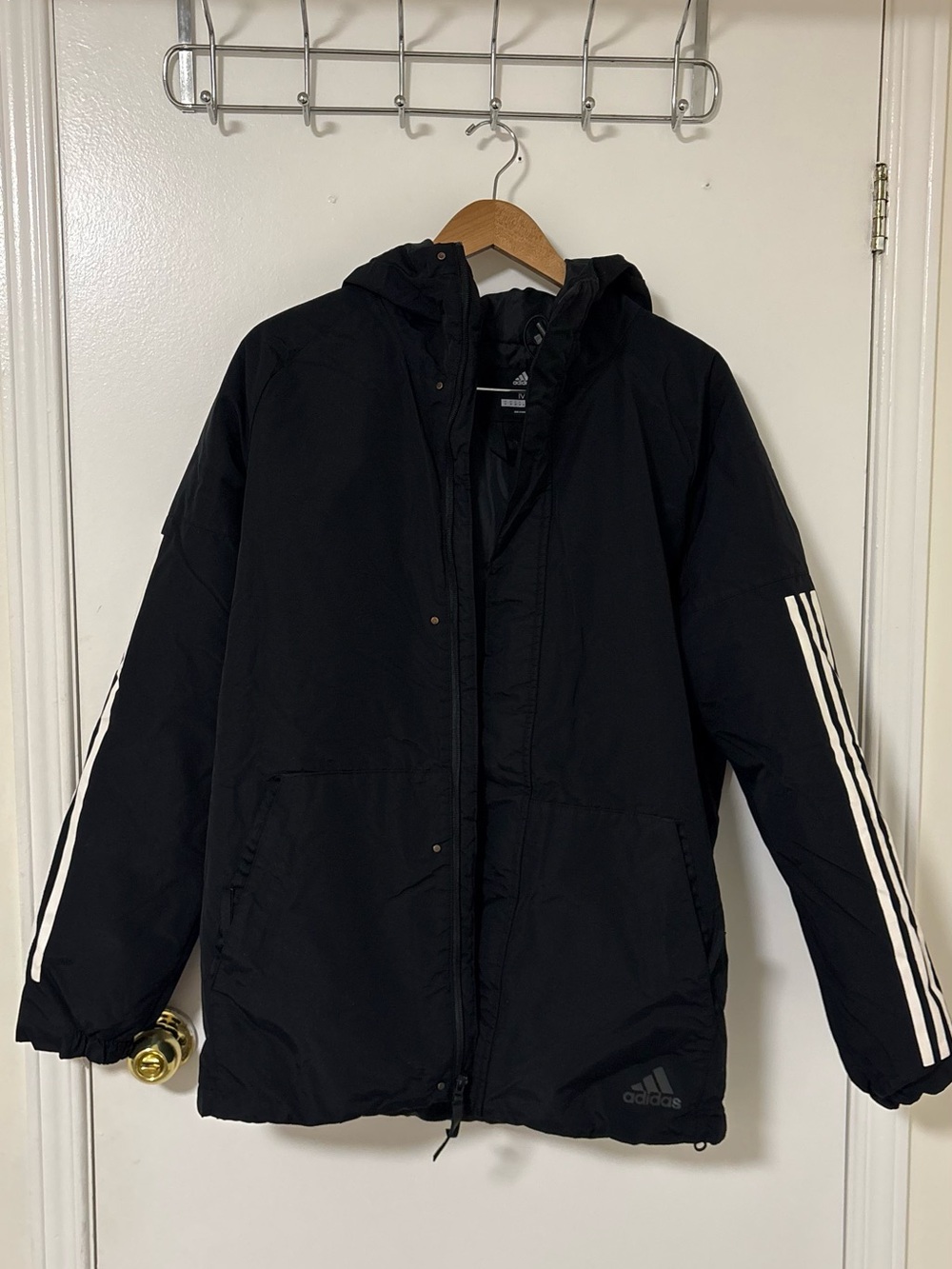 adidas Black Hooded Puffer Jacket with White Sleeve Stripes